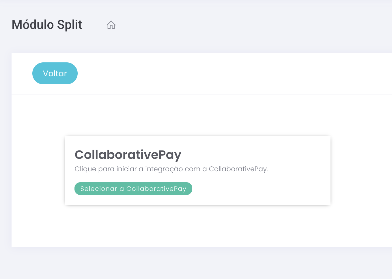 Card do CollaborativePay com o botão para selecionar a integração