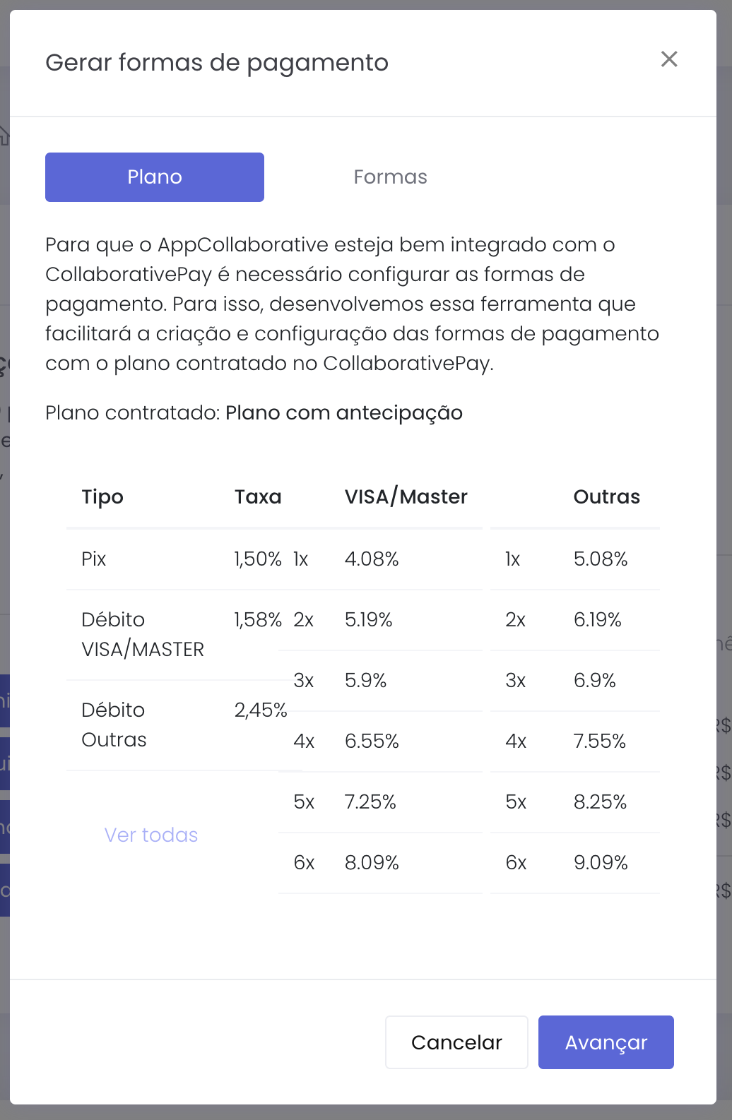 Tela com o plano contratado e a explicação da ferramenta de geração de formas de pagamento