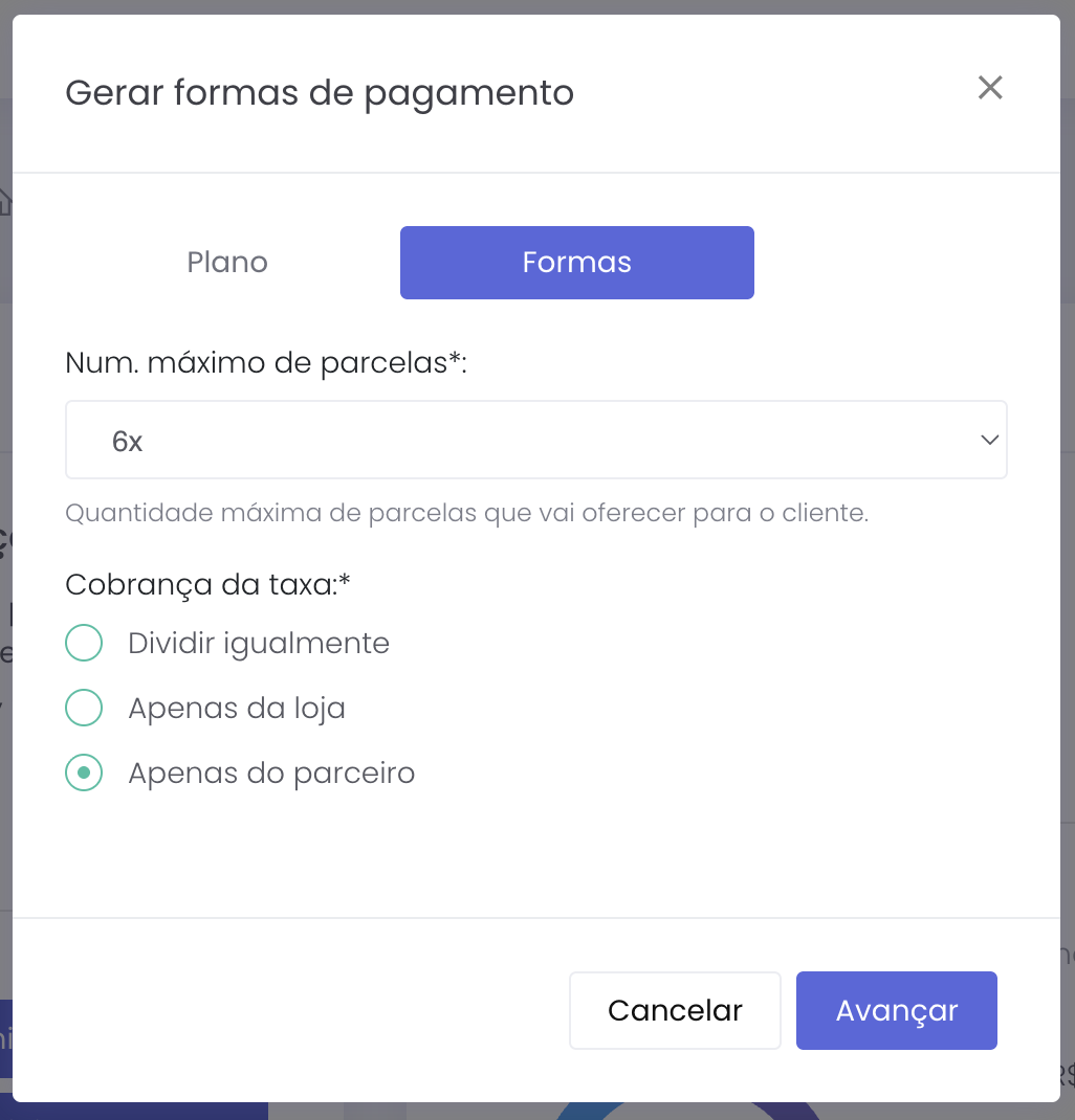 Tela de configuração do número máximo de parcelas e da cobrança da taxa