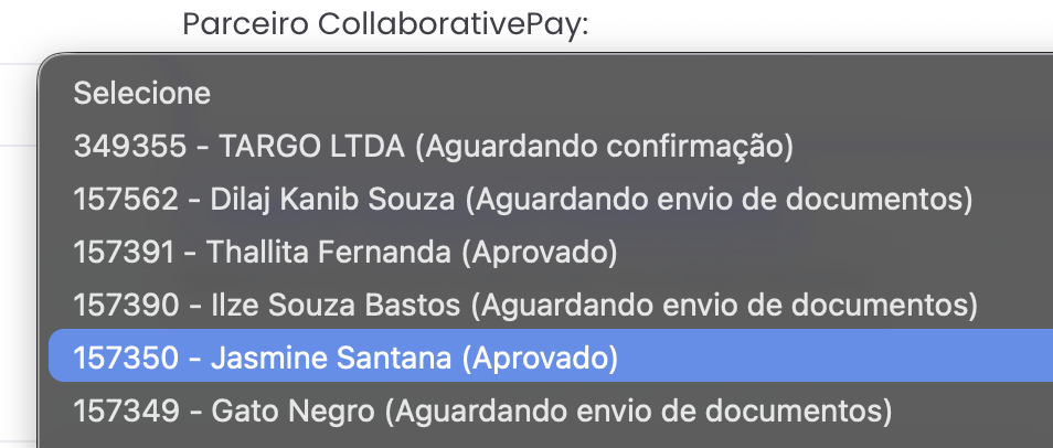 Lista de parceiros com diferentes situações de cadastro no CollaborativePay