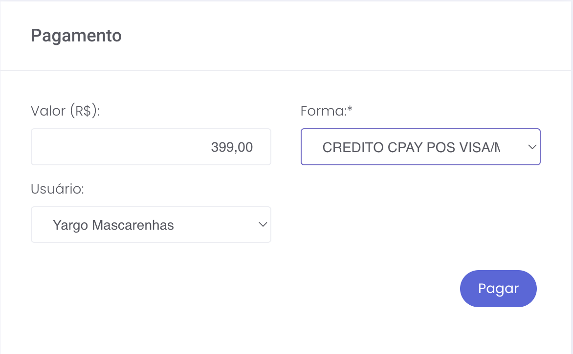 Tela de pagamento com a forma de pagamento selecionada e o botão Pagar