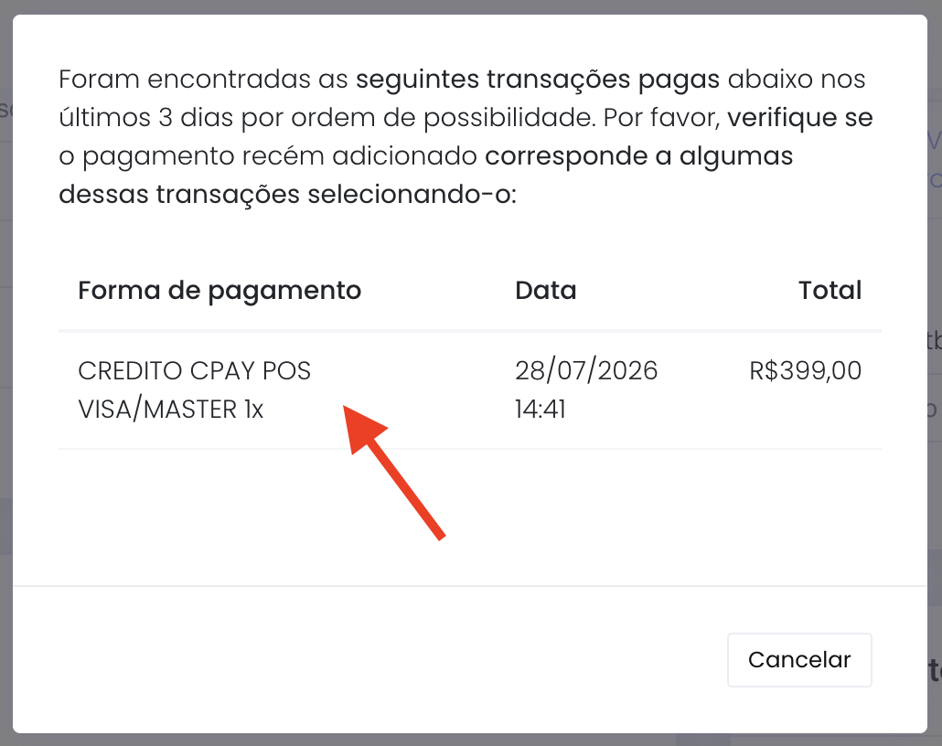 Lista de transações encontradas para vincular ao pagamento