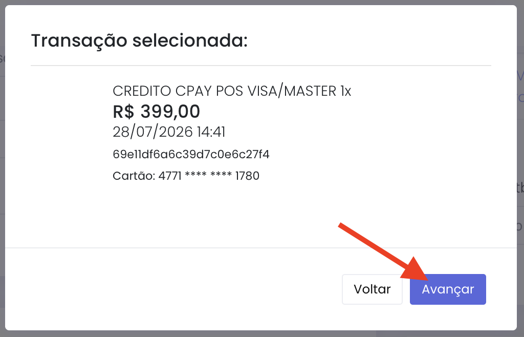 Detalhes da transação selecionada com o botão Avançar