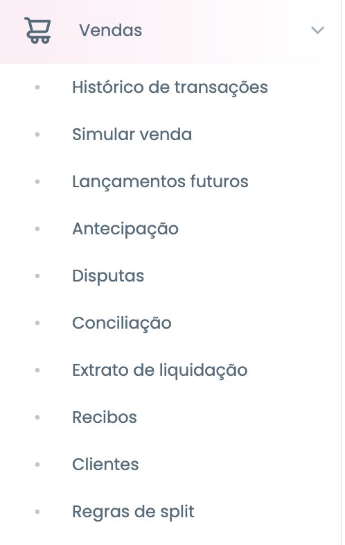 Menu Vendas do Portal do CollaborativePay com as opções do submenu