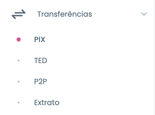 Menu Transferências do Portal do CollaborativePay com as opções PIX, TED, P2P e Extrato