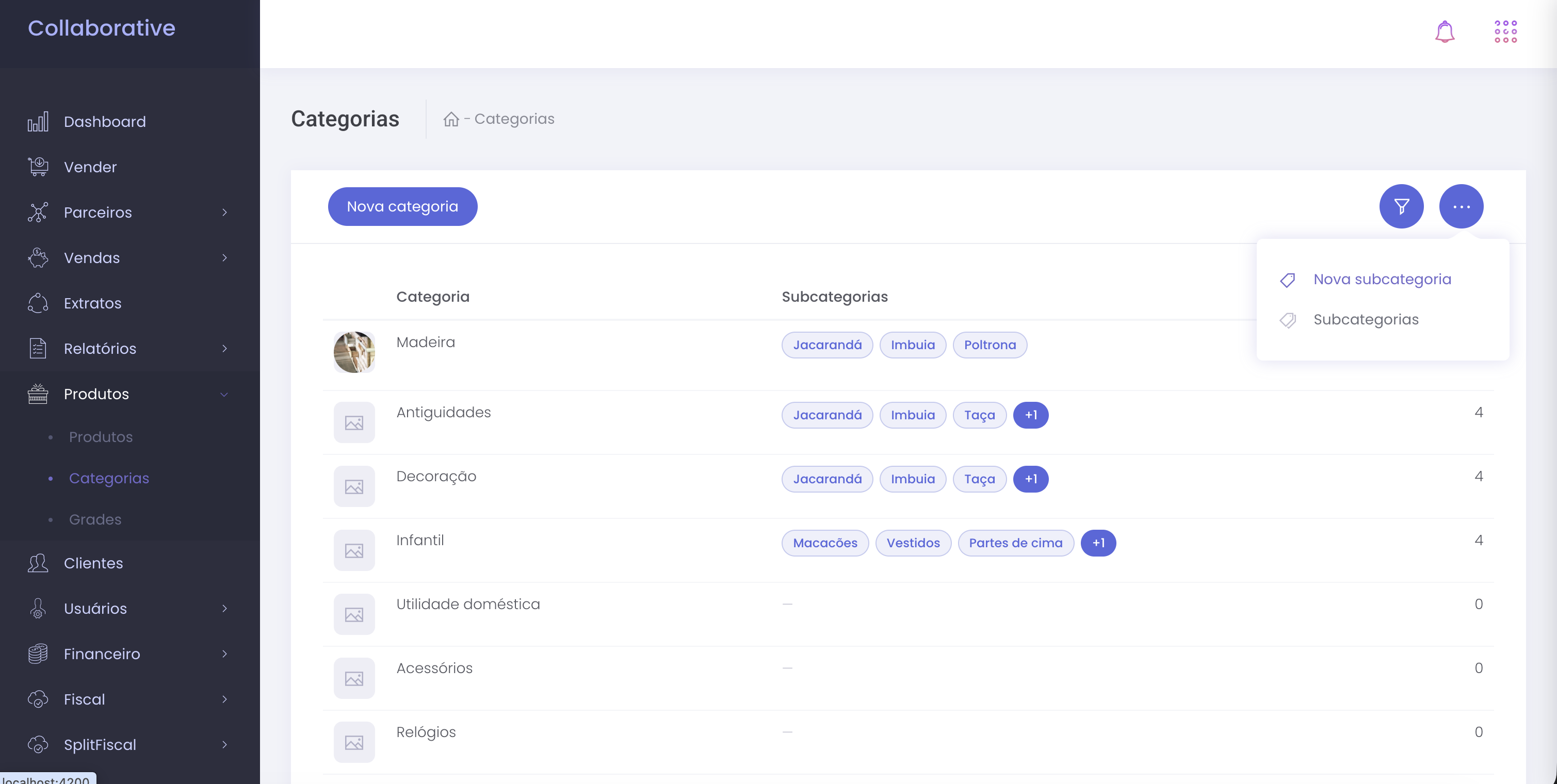 Menu de opções com Nova subcategoria e Subcategorias