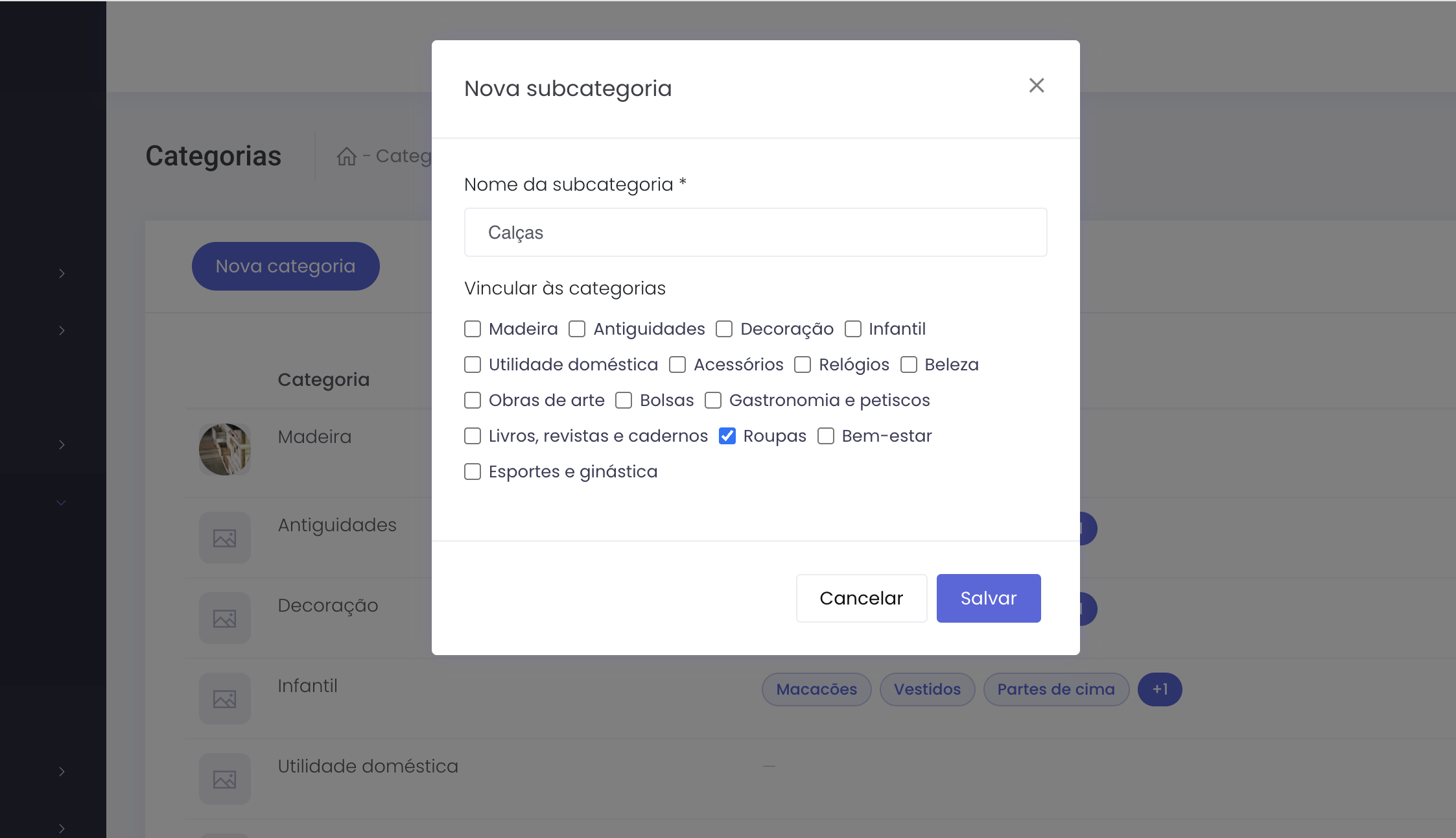 Formulário de nova subcategoria com nome, categorias para vincular e o botão Salvar