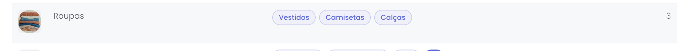 Categoria Roupas exibindo as subcategorias Vestidos, Camisetas e Calças