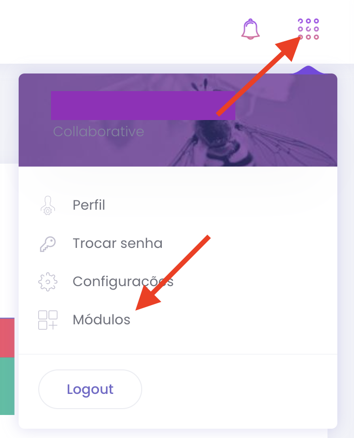 Menu do Collaborative com destaque para o botão de módulos