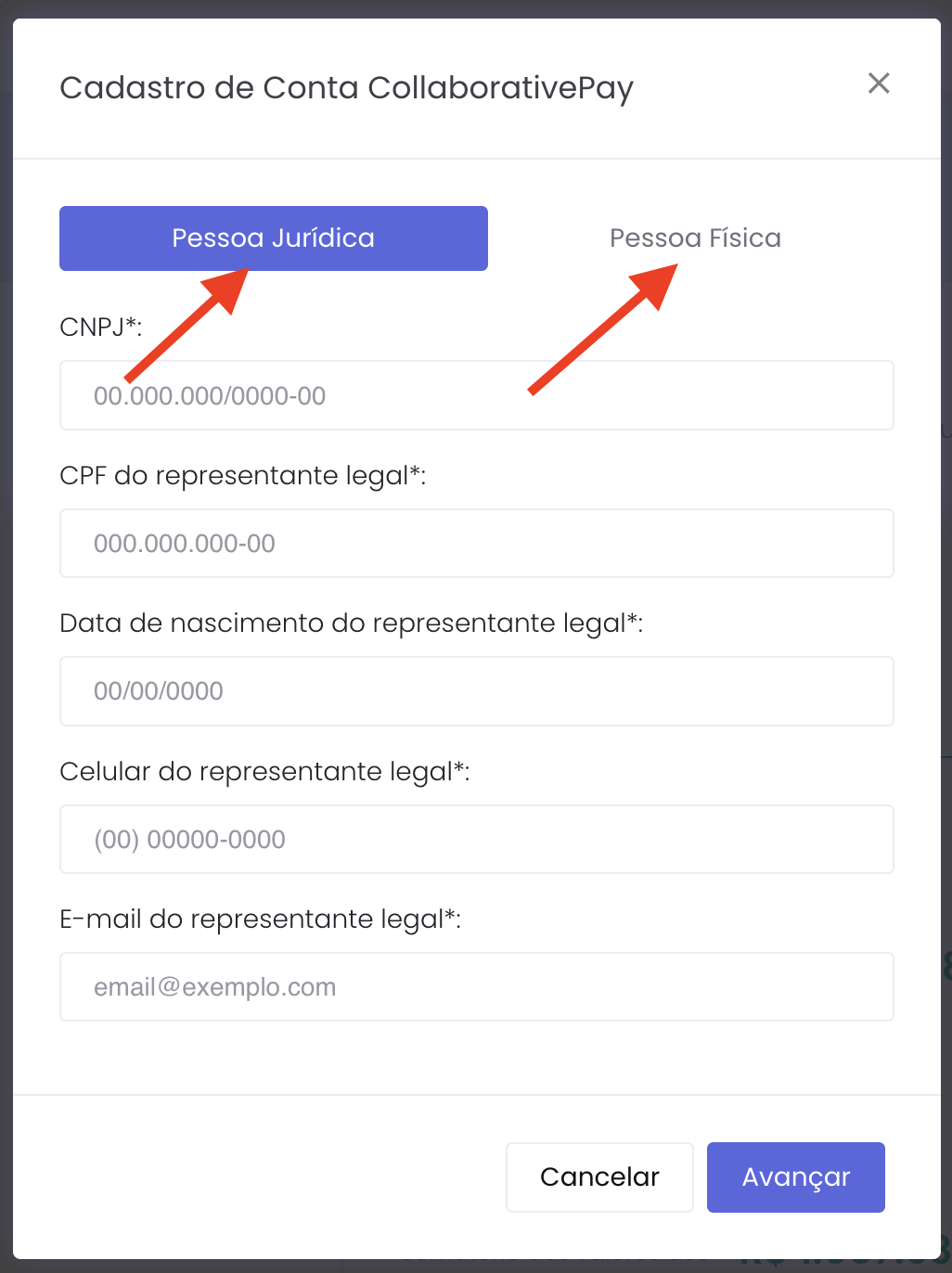 Tela de cadastro de conta com opções Pessoa Jurídica e Pessoa Física