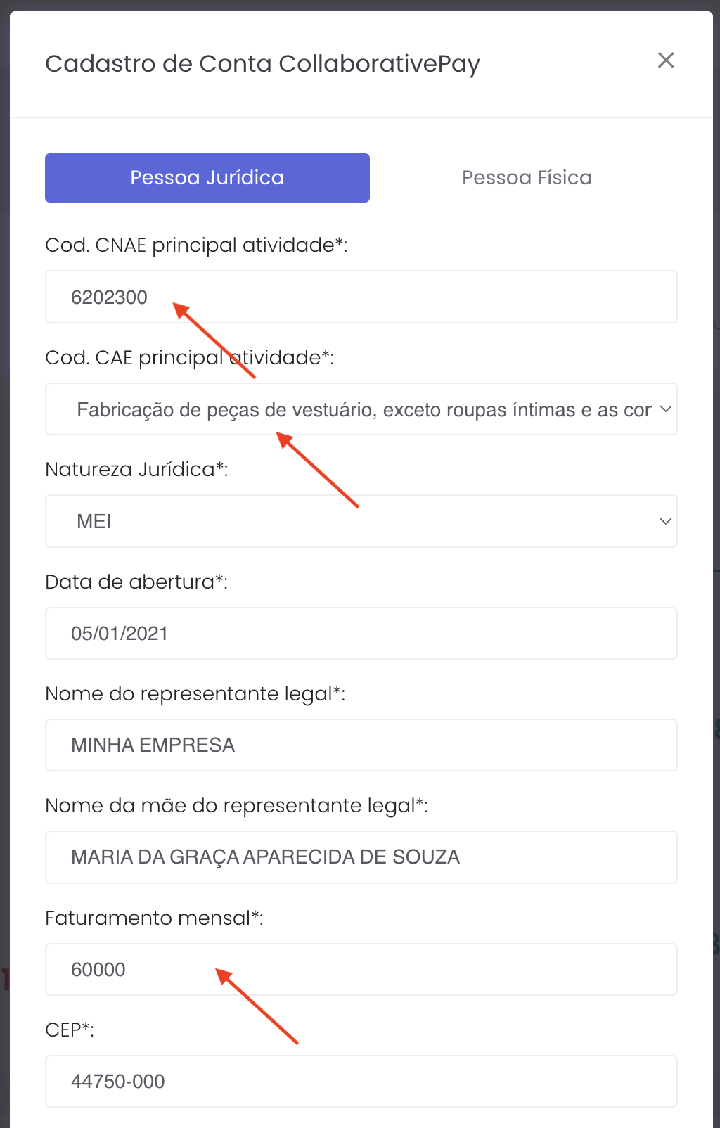 Formulário de dados cadastrais da conta CollaborativePay