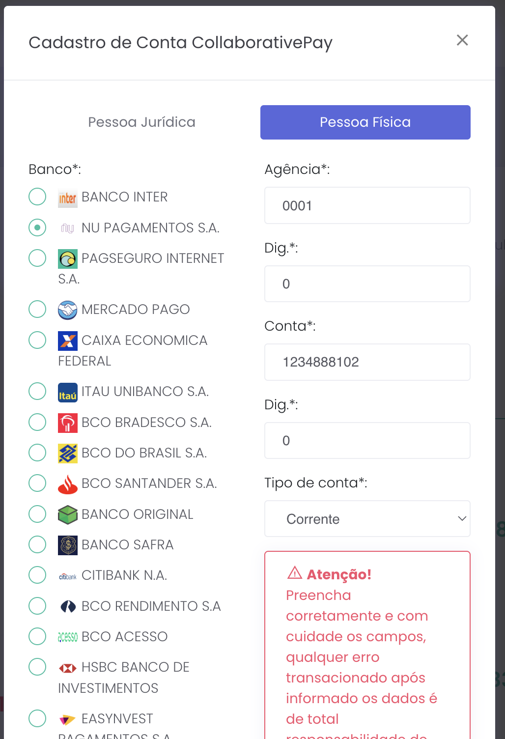 Formulário de dados bancários para recebimento das transações