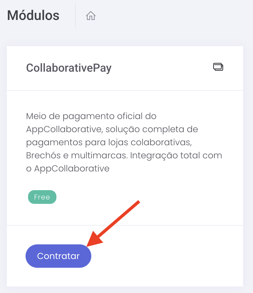 Card do módulo CollaborativePay com o botão Contratar