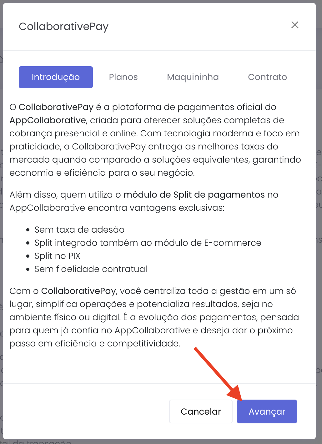 Aba de introdução do CollaborativePay com as vantagens do módulo de Split