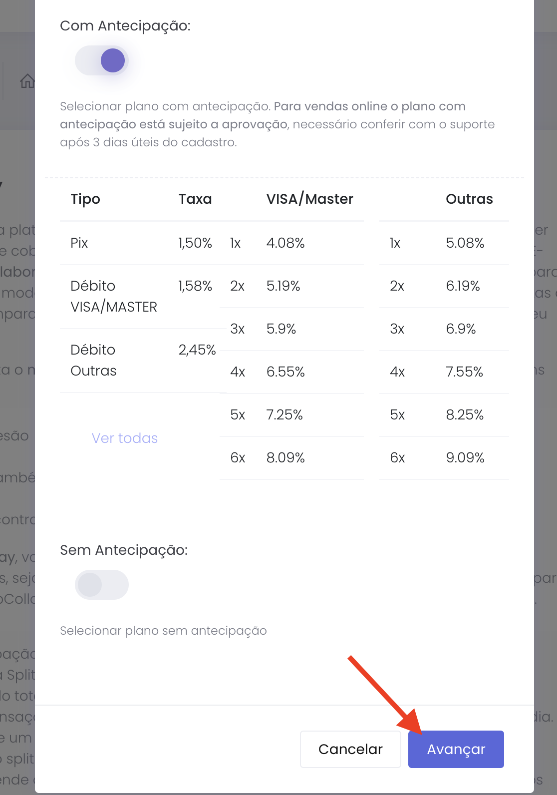 Tabela de taxas do plano com antecipação e botão avançar