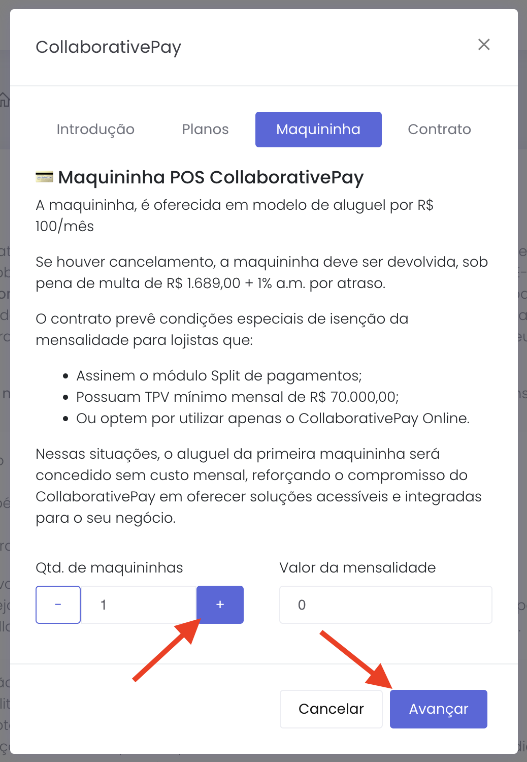 Aba de maquininha com seleção de quantidade e valor da mensalidade