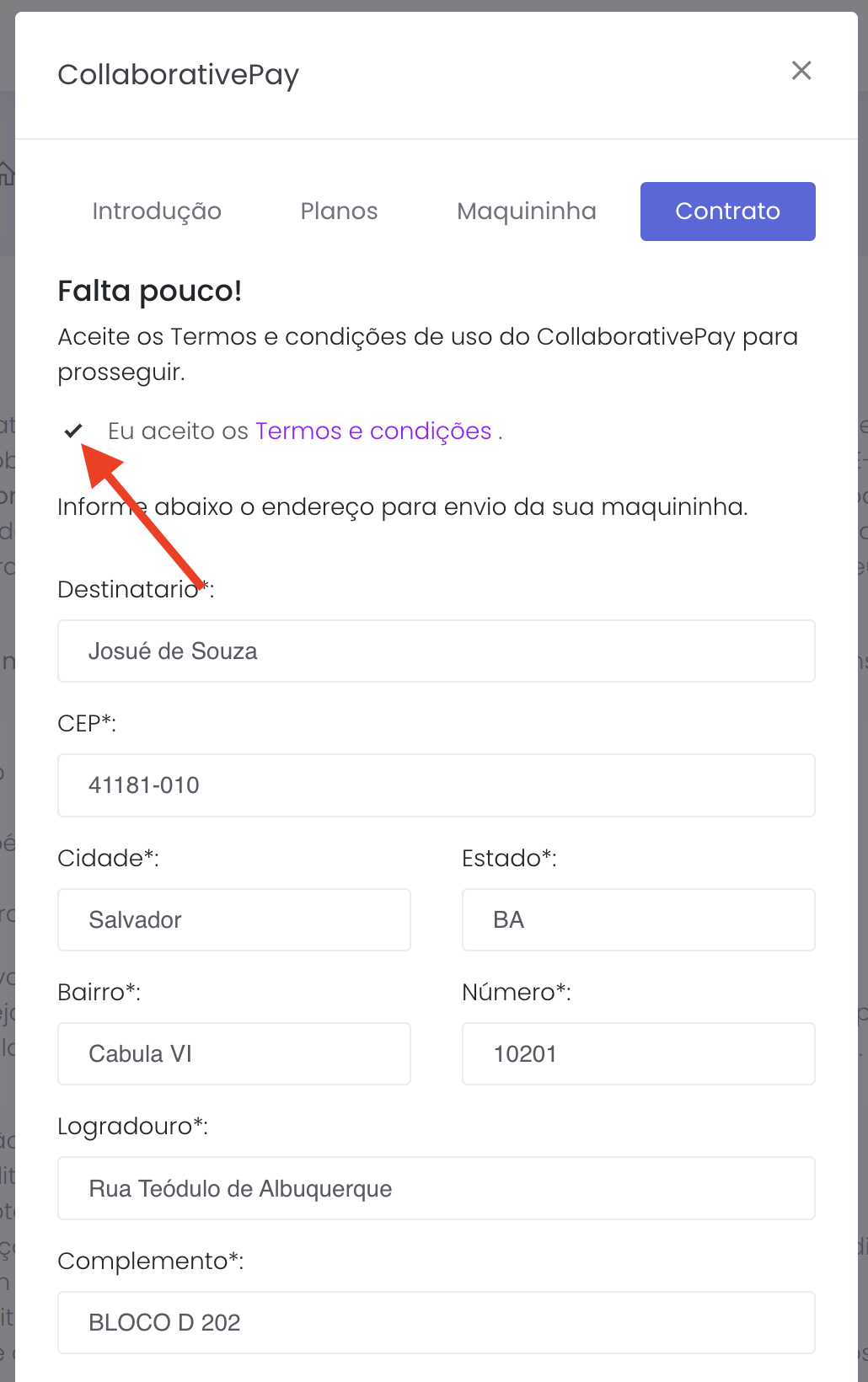 Aba de contrato com aceite dos termos e formulário de endereço de entrega