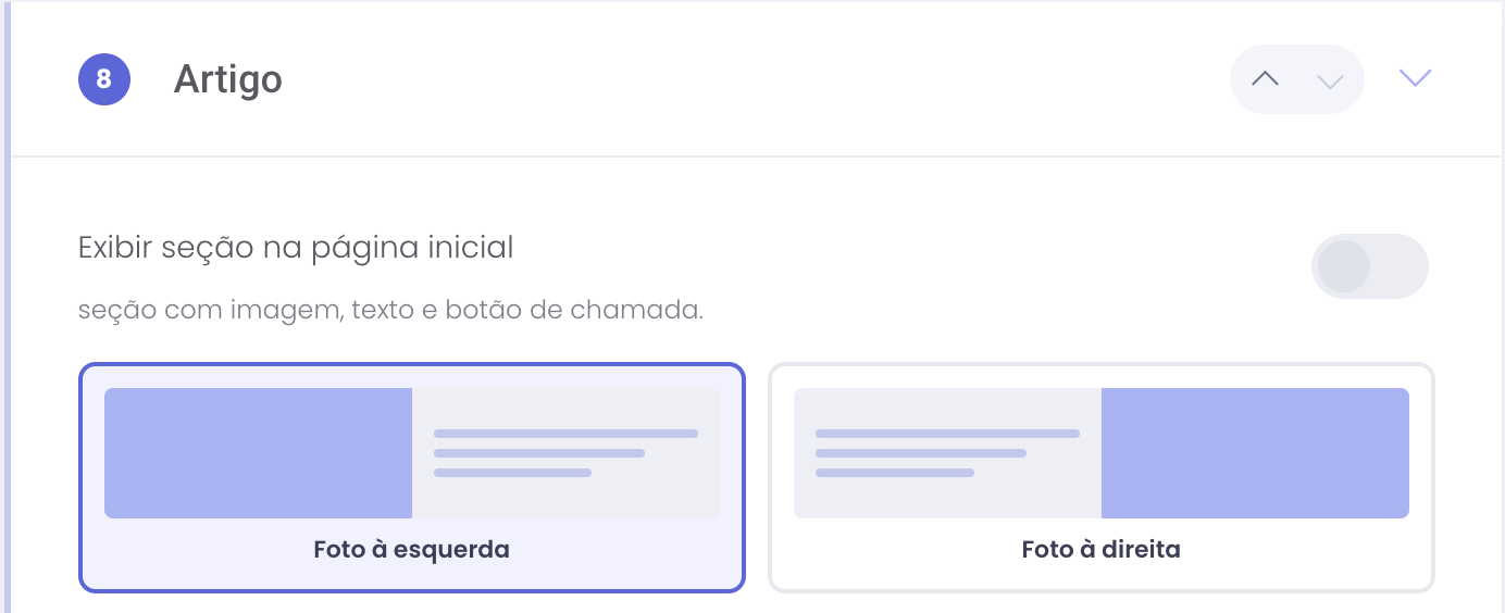 Ativação da seção e escolha do layout: foto à esquerda ou foto à direita