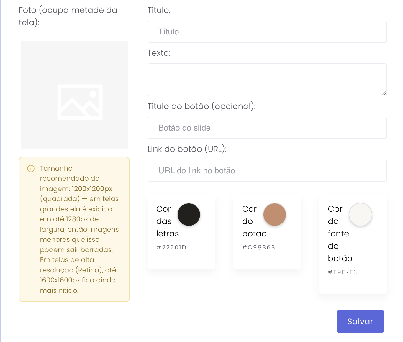 Campos de foto, título, texto, botão e cores da seção Artigo