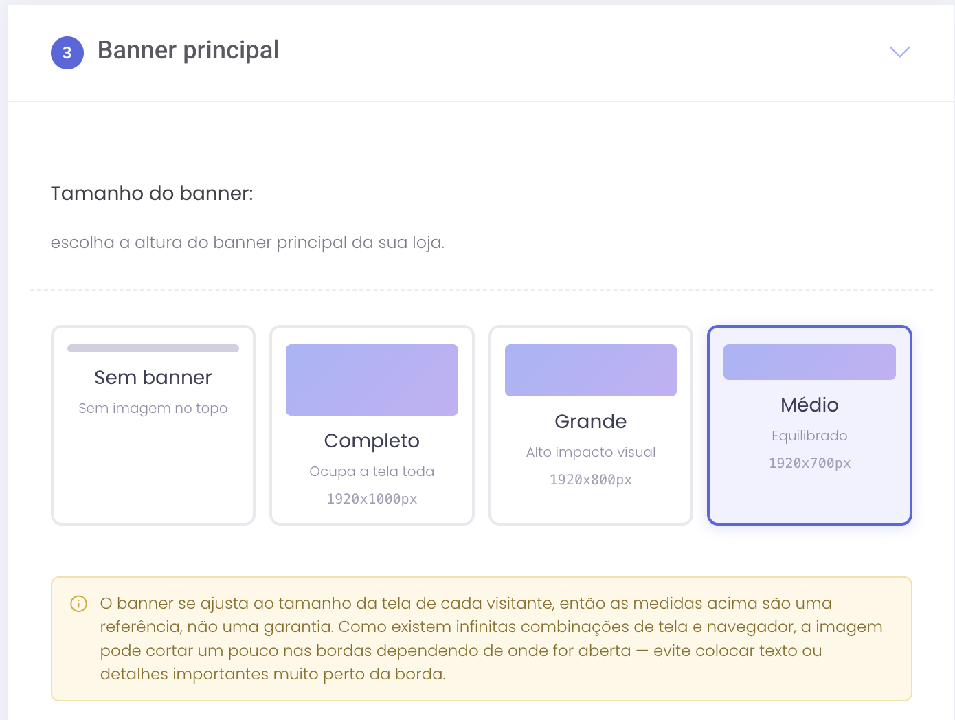 Opções de tamanho do banner: Sem banner, Completo, Grande e Médio