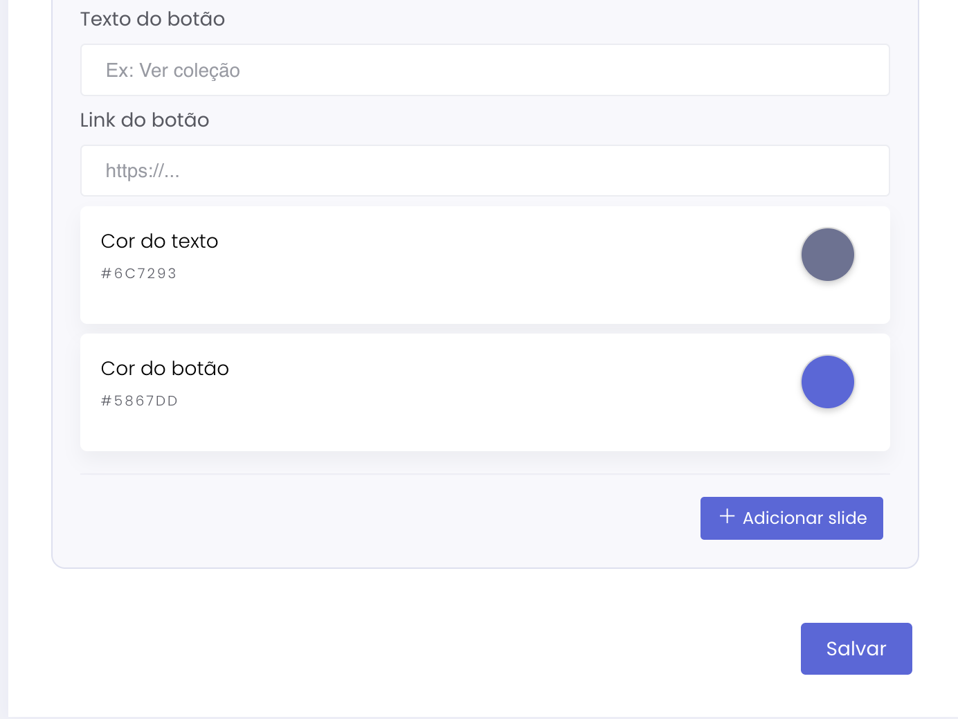 Texto do botão, link do botão, cor do texto e cor do botão