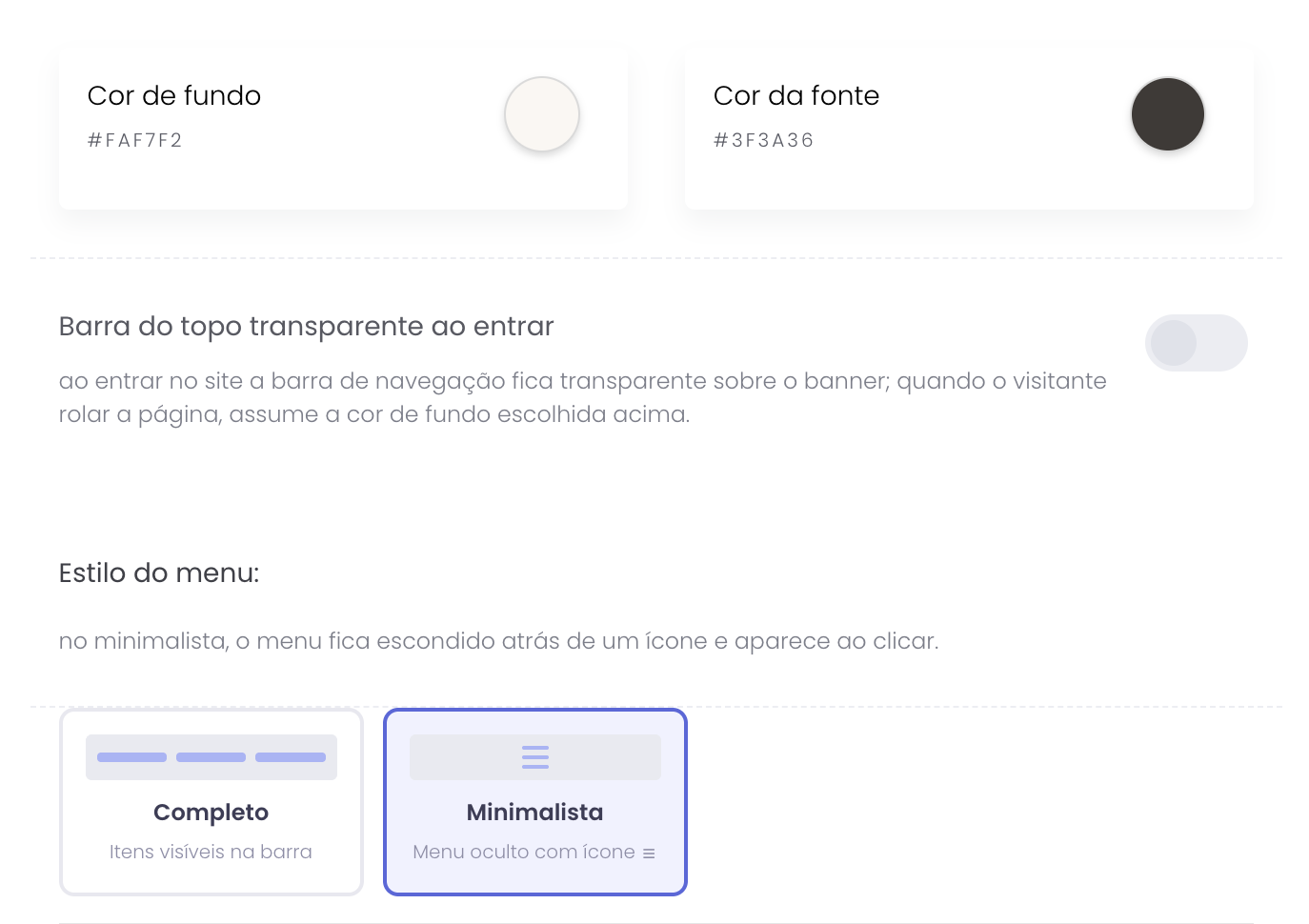 Cor de fundo e da fonte do cabeçalho, opção de transparência e estilo do menu