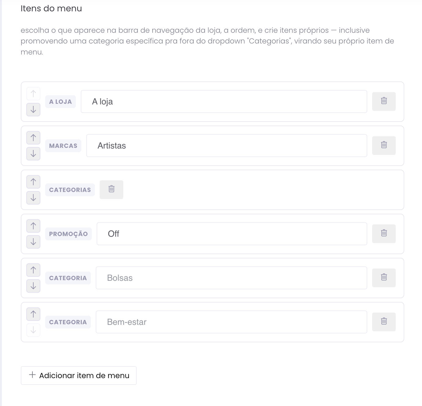 Lista de itens do menu, com opção de reordenar, excluir e adicionar novos itens