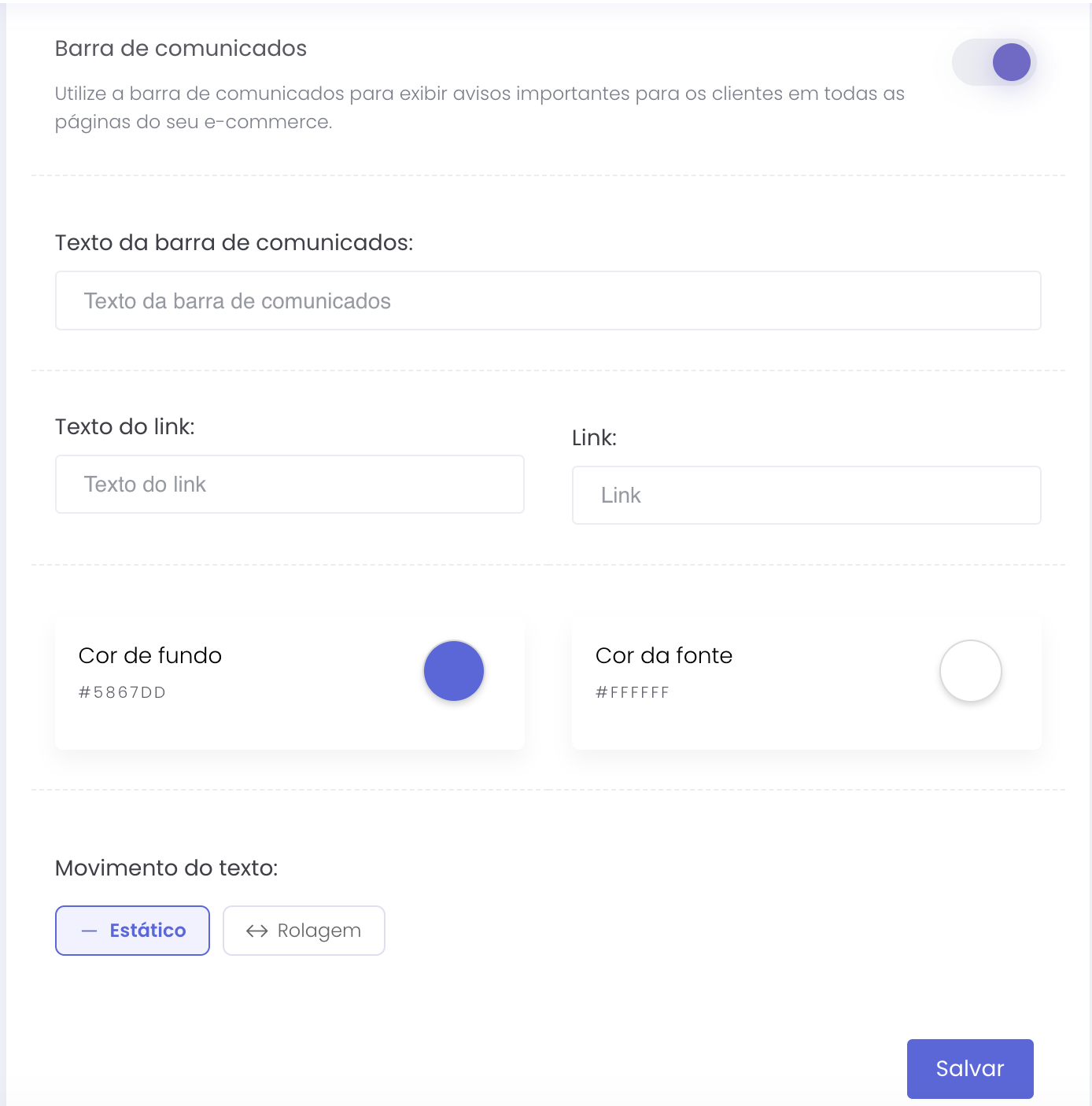 Configurações da barra de comunicados, com texto, link, cores e movimento