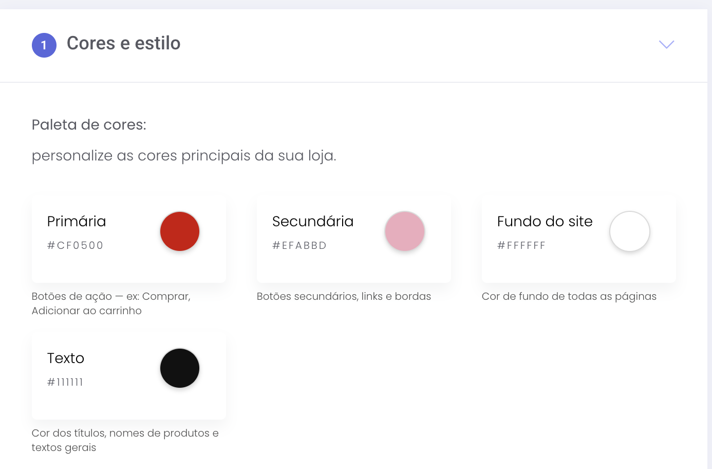Seção Paleta de cores, com os campos Primária, Secundária, Fundo do site e Texto