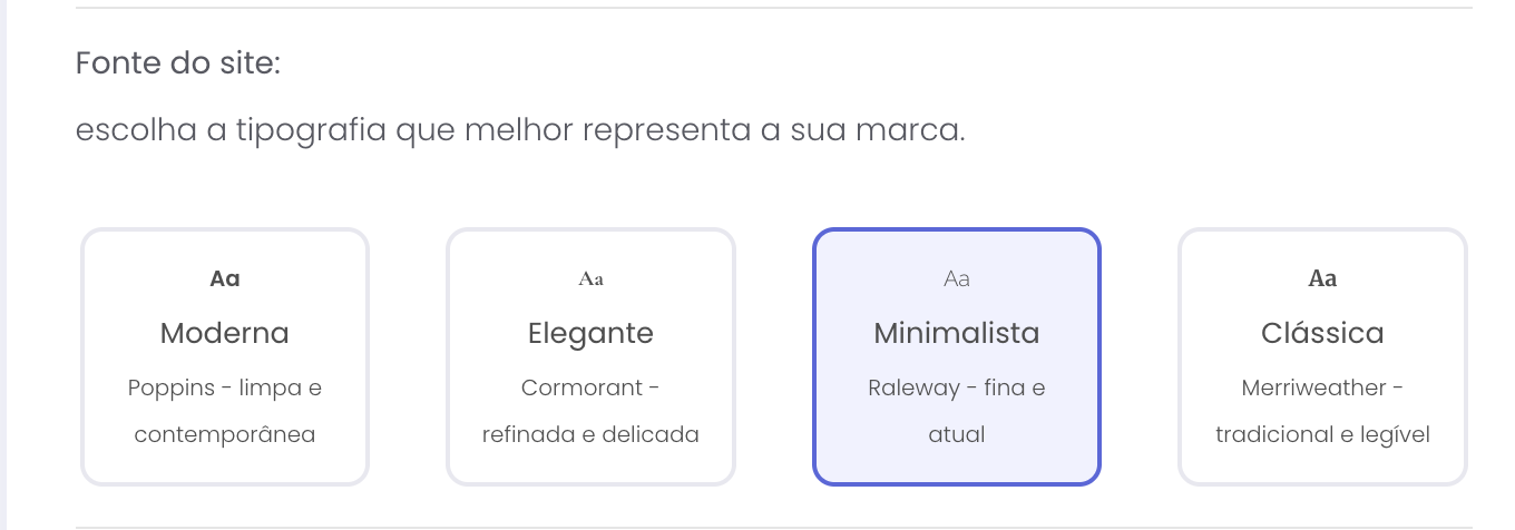Seção Fonte do site, com as opções Moderna, Elegante, Minimalista e Clássica