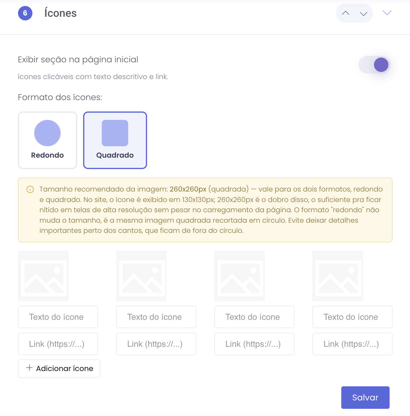 Ativação da seção, formato dos ícones e tamanho recomendado da imagem
