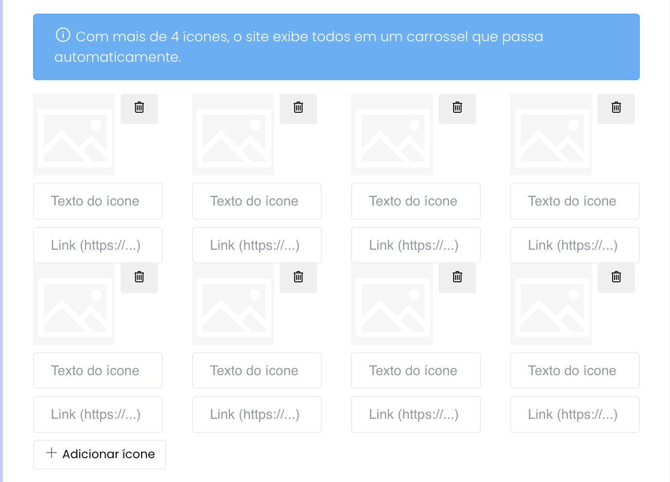 Lista de ícones, cada um com imagem, texto e link, com opção de adicionar mais