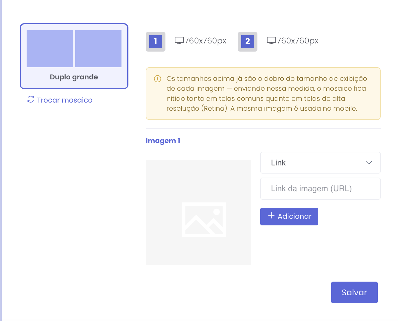 Tela de configuração de um mosaico, com tamanho de cada imagem e campo de link
