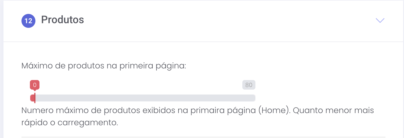 Controle deslizante para o máximo de produtos exibidos na primeira página