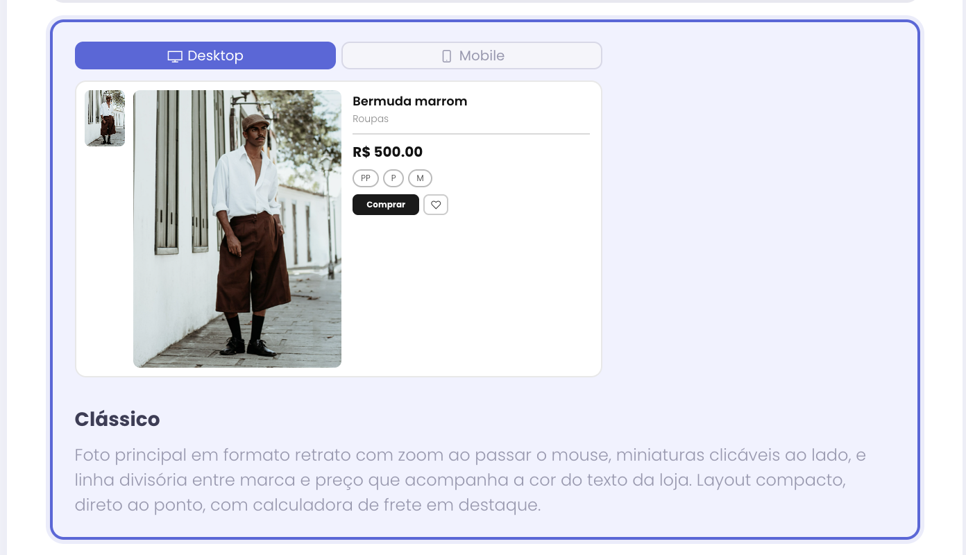 Modelo Clássico, com foto em formato retrato e miniaturas ao lado
