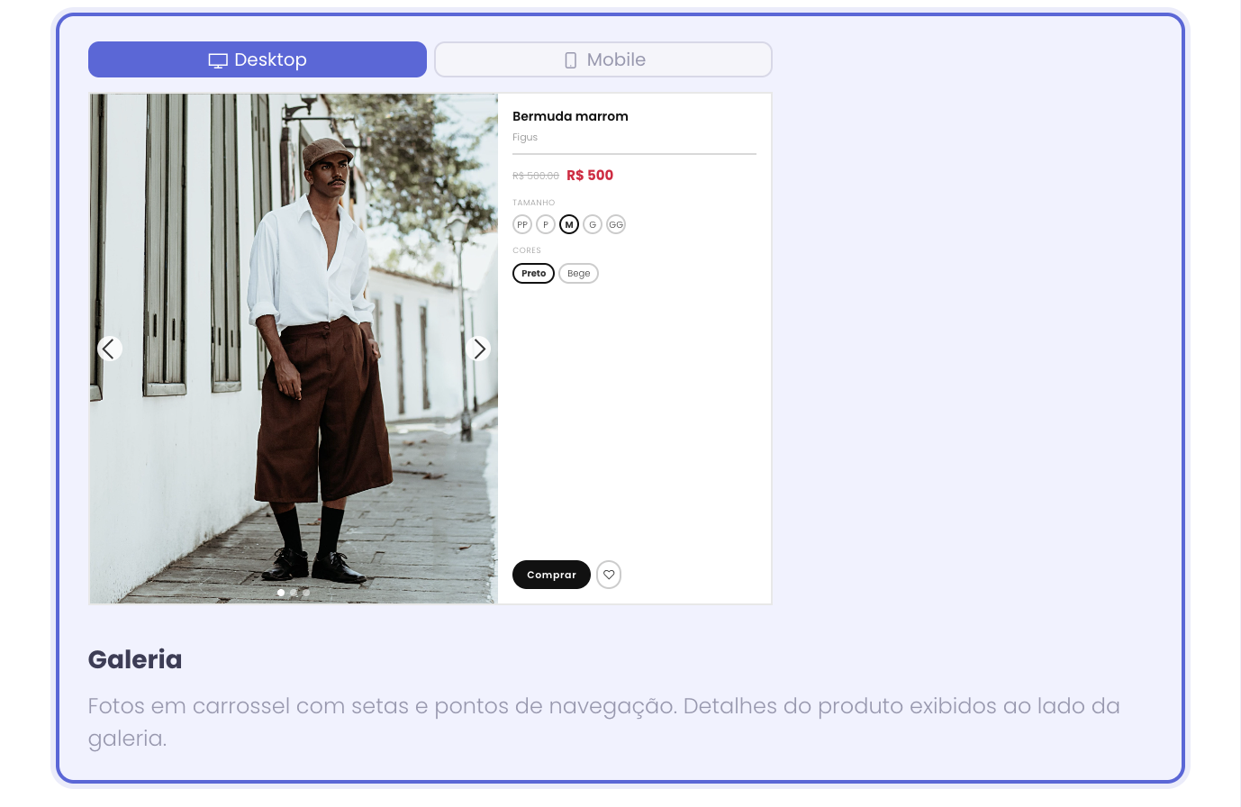 Modelo Galeria, com fotos em carrossel e setas de navegação