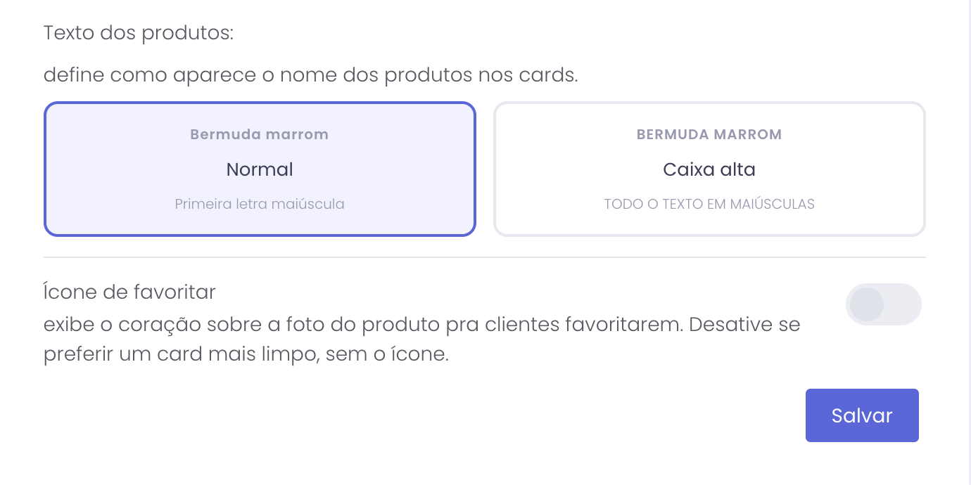Opções de texto dos produtos e ativação do ícone de favoritar