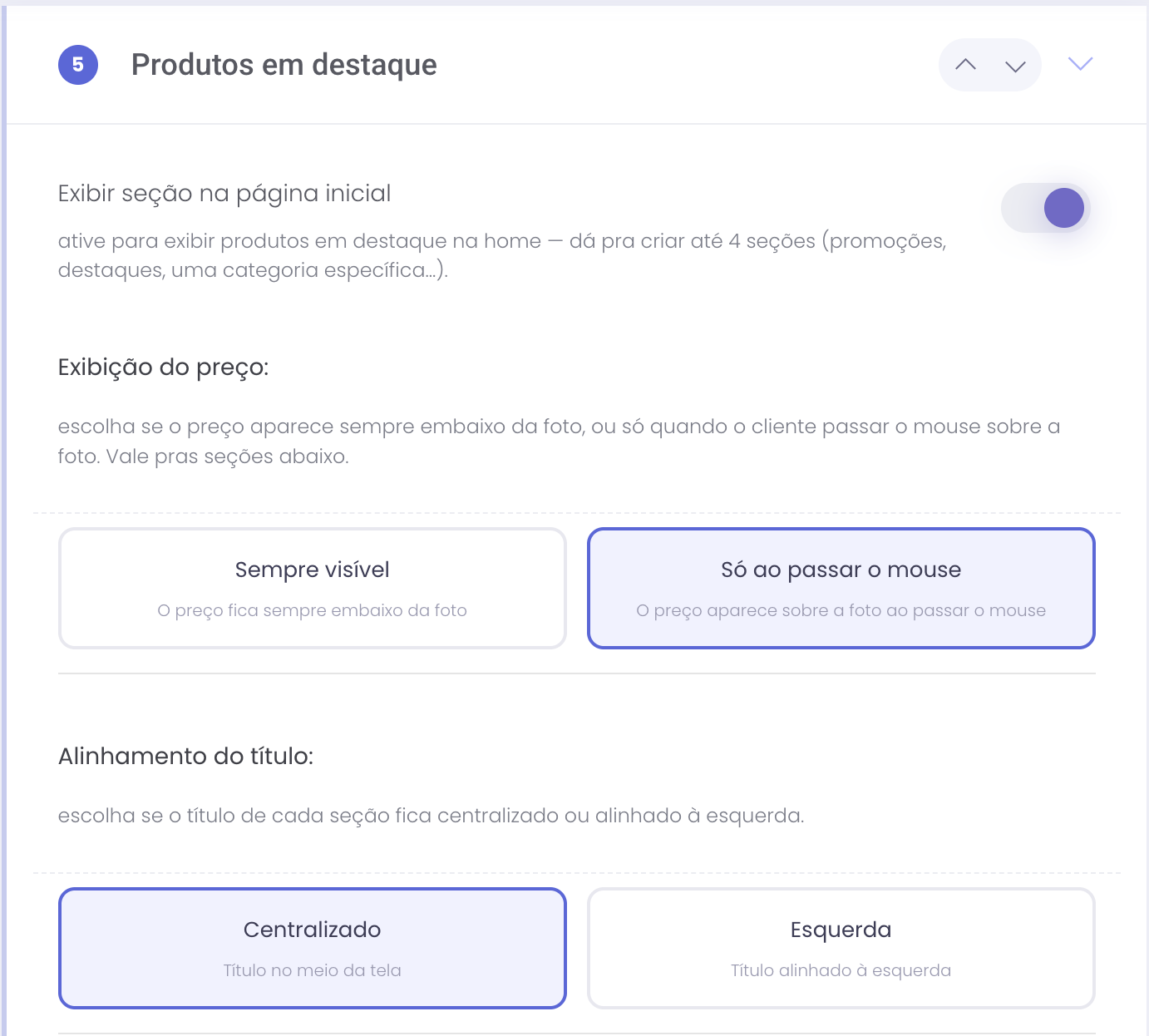 Ativação da seção, exibição do preço e alinhamento do título