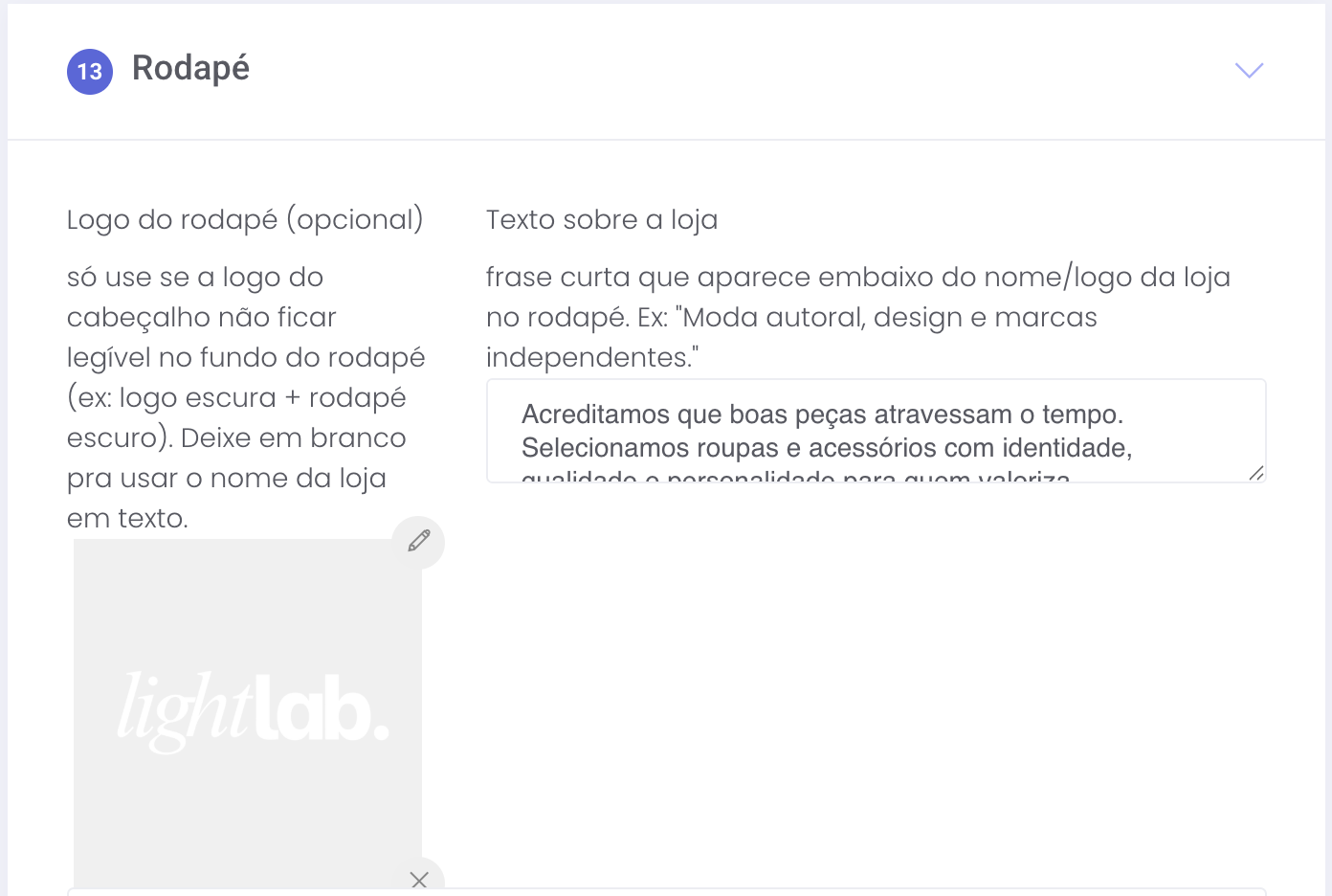 Campos de logo do rodapé e texto sobre a loja