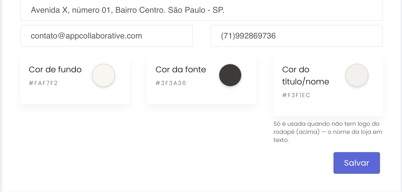 Campos de endereço, contato e cores do rodapé