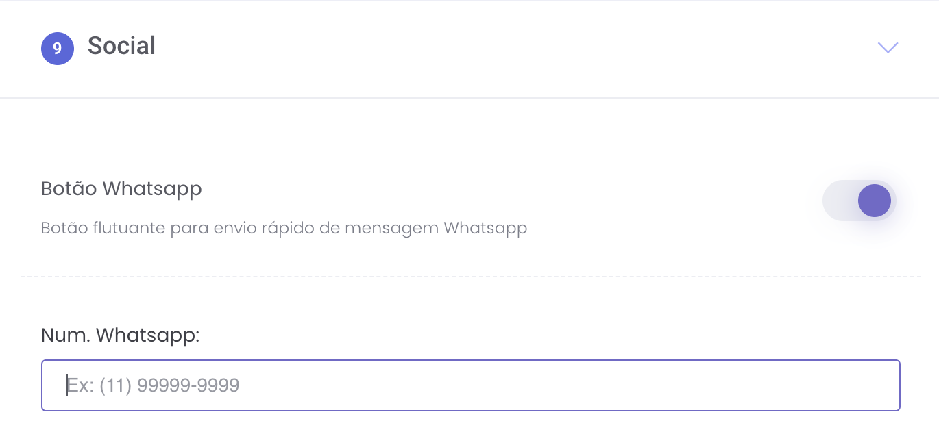 Ativação do botão flutuante do WhatsApp e campo do número