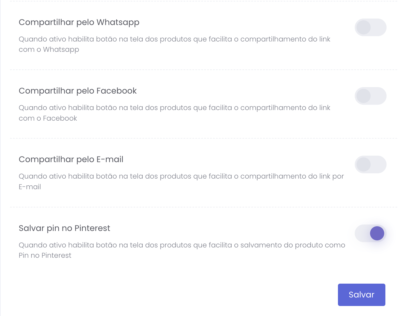 Opções de compartilhamento do produto: Whatsapp, Facebook, E-mail e Pinterest
