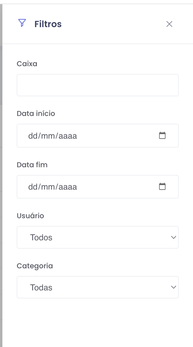 Painel de filtros do Relatório de Caixas