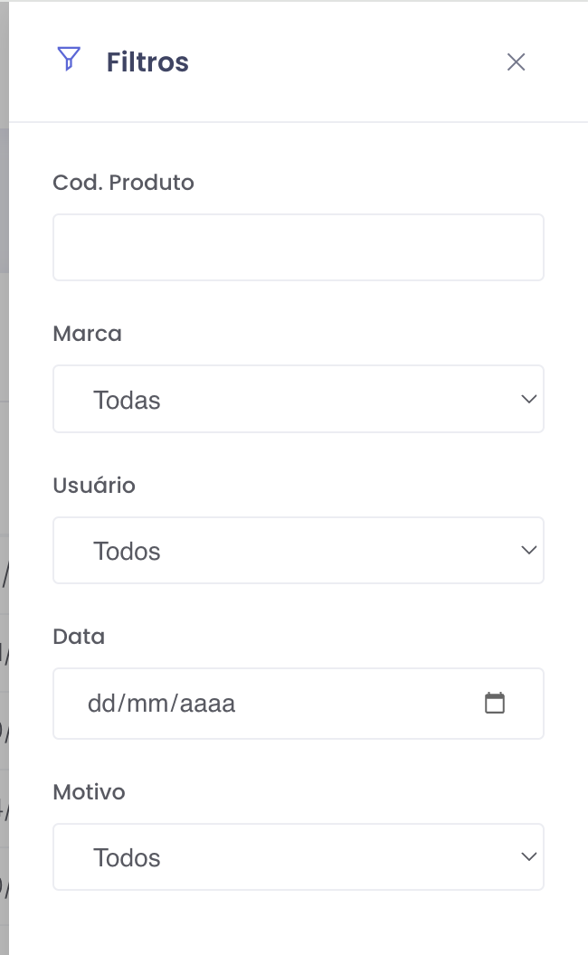 Painel de filtros do Relatório de Estoque