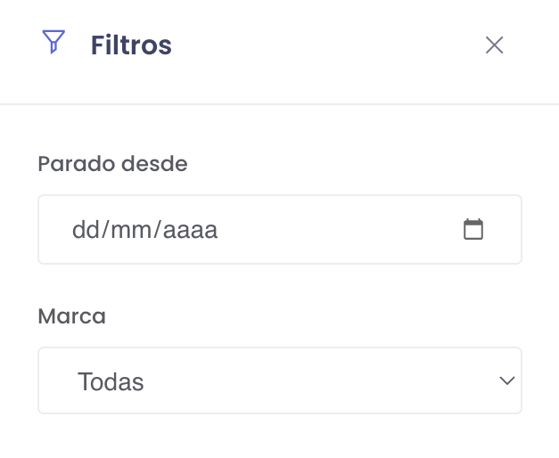 Painel de filtros do Relatório de Estoque Parado