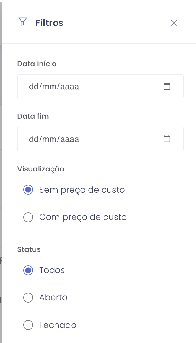 Painel de filtros do Relatório de Vendas