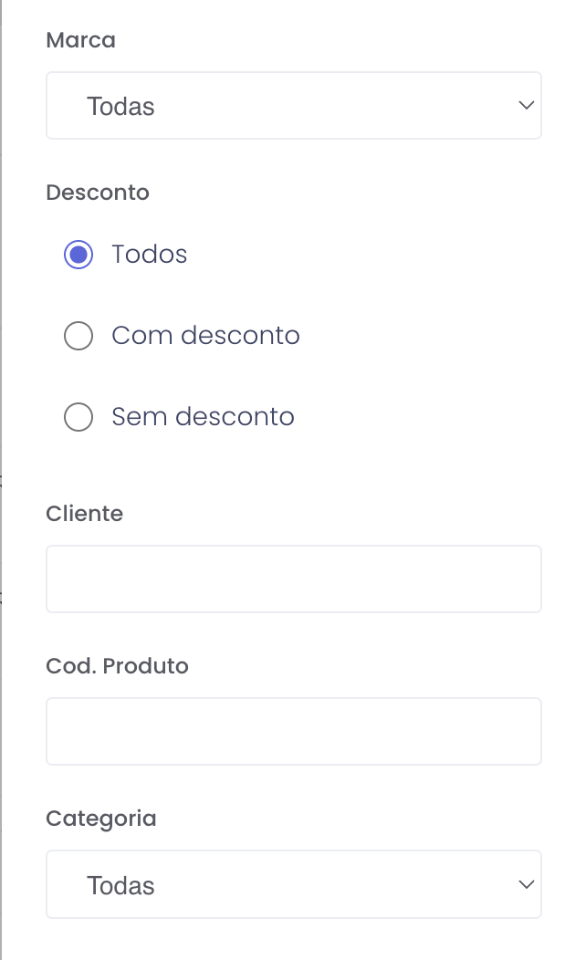 Continuação do painel de filtros, com marca, desconto, cliente, código do produto e categoria